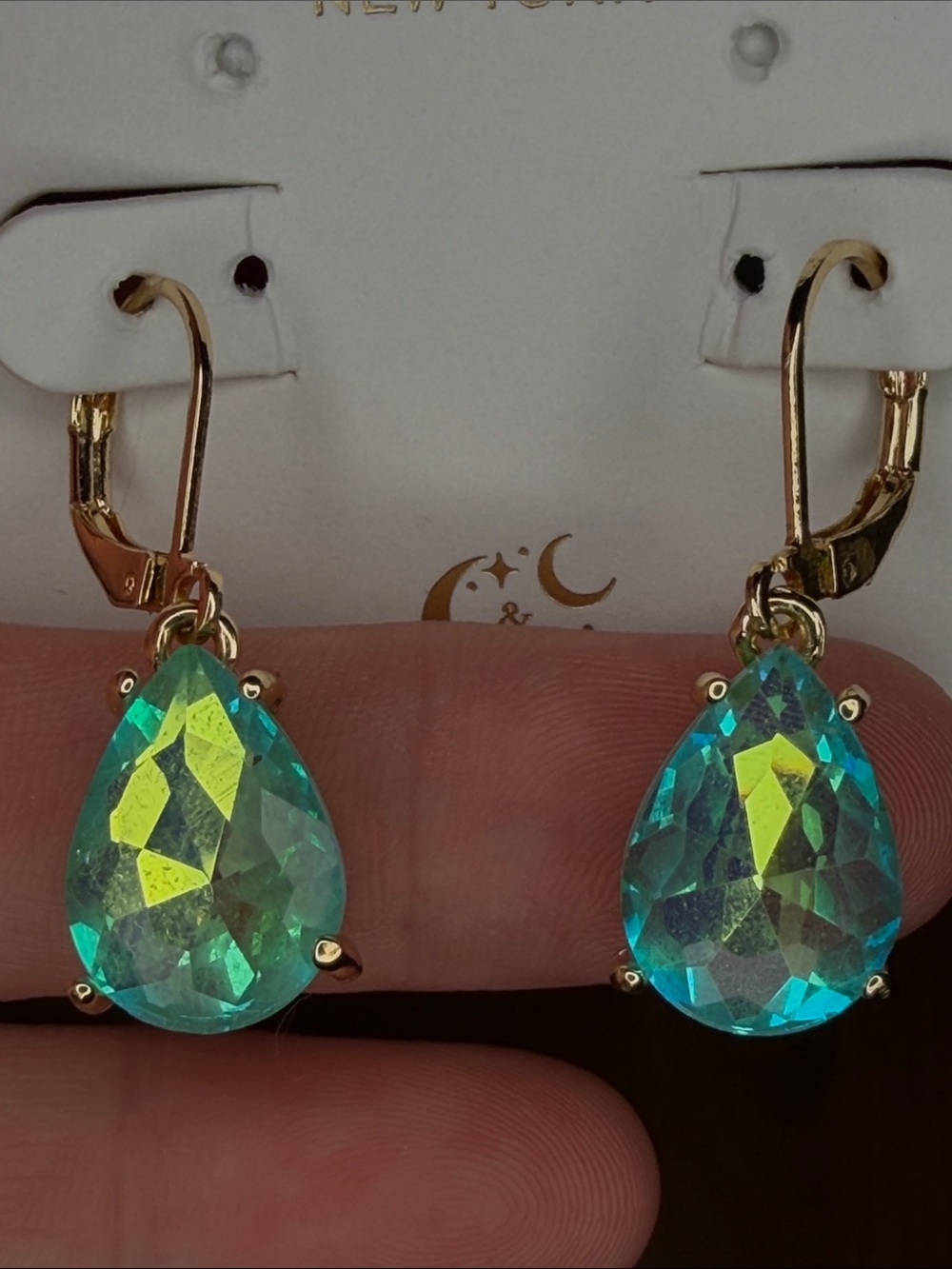 Goldtone Teardrop Earrings with AB Aqua Crystal